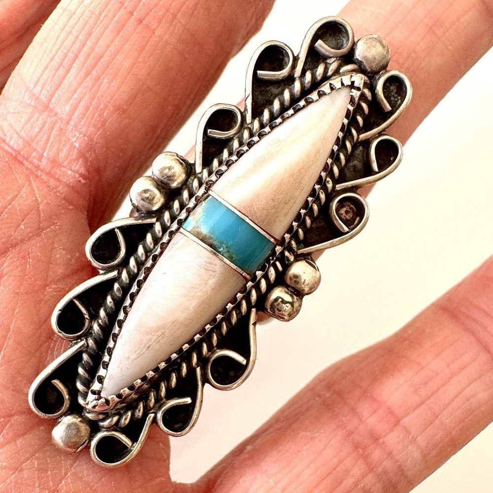 VTG Navajo Marquis Turquoise Ring Sz 7 Sterling 10g Long  60s Nila‎ Johnson MOP